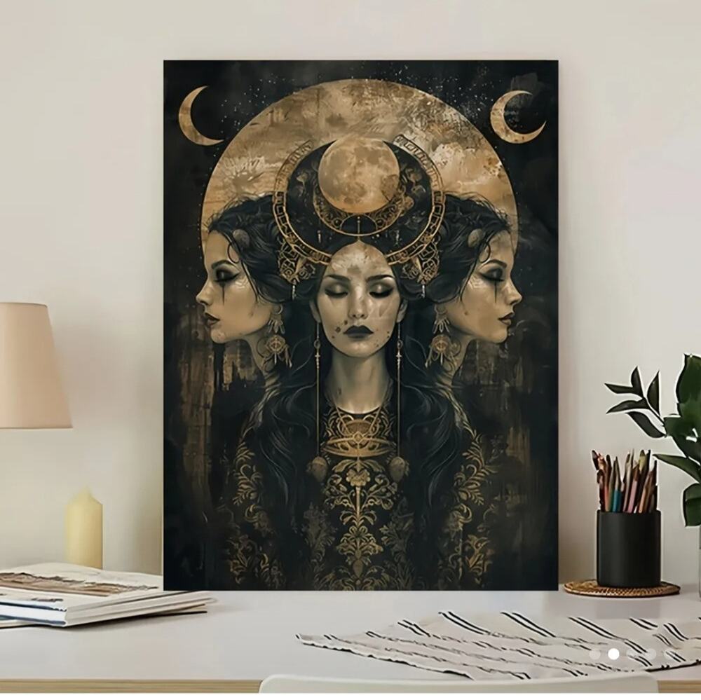 Triple Moon Goddess Canvas Art Print 12"×16" Hecate Wicca Pagon Witchcore Alter